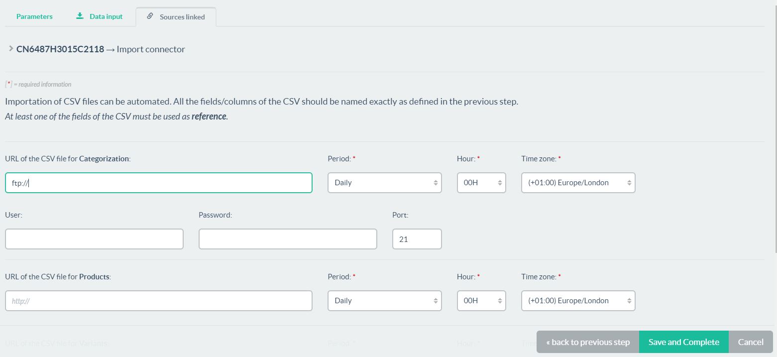 Configuring an Import Connector (by typing “ftp://”, the system will automatically display the options for connecting via FTP)
