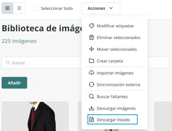 Opción de descargar listado de imágenes
