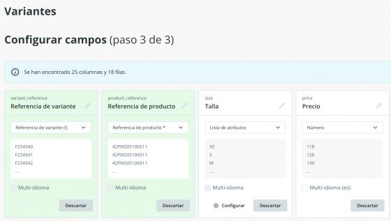 Configuración campos Variantes (importación Excel)