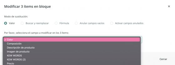 Modificar en bloque "Valor">"Color"