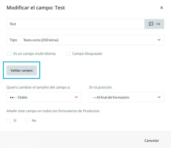 Opción de validar campos