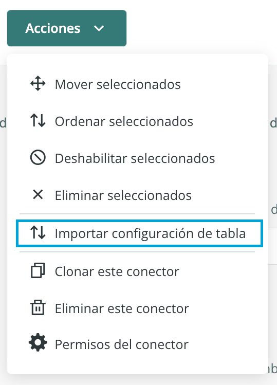 Importación de configuración de la tabla