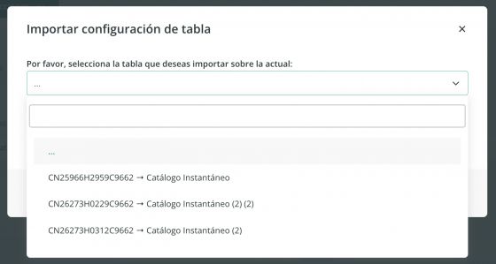 Importación de configuración de la tabla