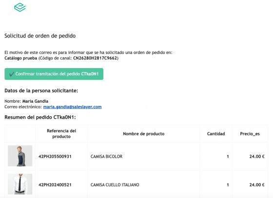 Confirmación de tramitación de pedido en gmail