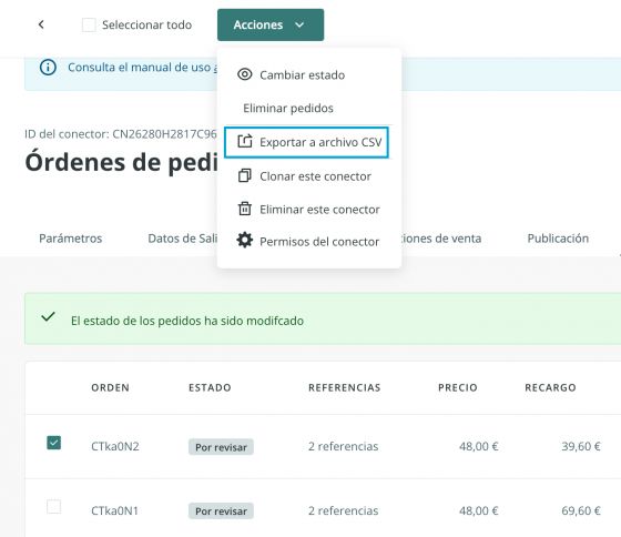 Opción de exportar a archivo CSV