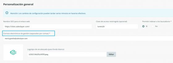 Configuración de correo electrónico al que enviar la solicitud de pedido