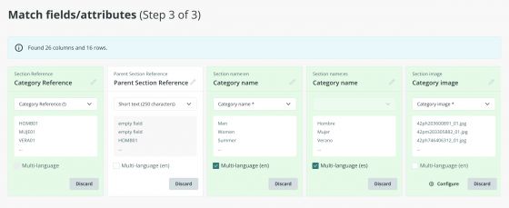 An example of the Category fields to be imported