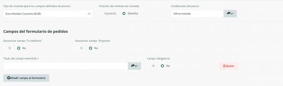 Campos del formulario de pedidos
