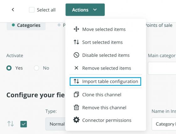 Import table configuration