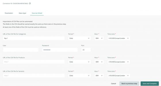 Configuring an Import Connector (by typing “ftp://”, the system will automatically display the options for connecting via FTP)