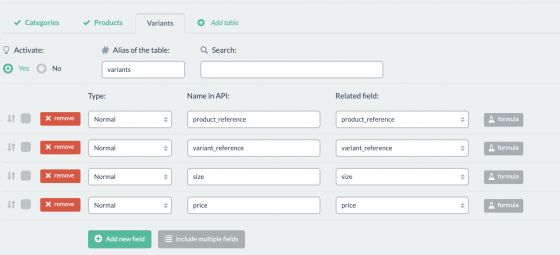 In Variants we select the following fields