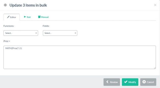 The pop-up box for performing bulk modifications on products.