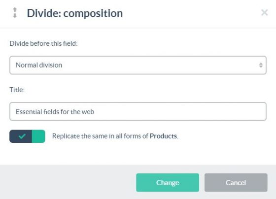 The options for creating groups of fields in a form
